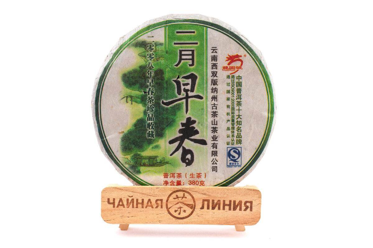 Pressed Raw Pu-erh Tea - Шэн пуэр 2008 г. «Ранняя весна в феврале» марки «Сад дракона», 380 г