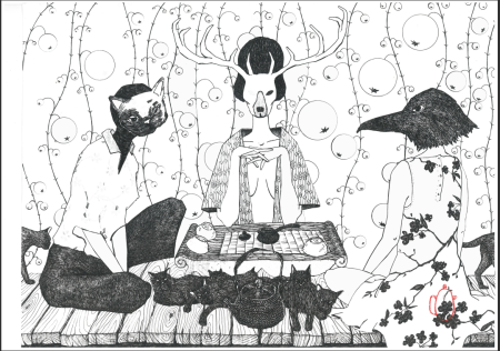 Painting "Tea Party with Cats", graphics, paper. Nikolay Leushin. Price: ₽4,000 rub.