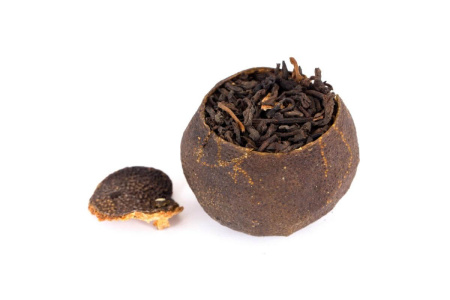 Pressed Rip Pu-erh Tea - Shu Pu-erh in a Golden Horse Mandarin, 