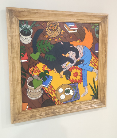 Painting "Tea with a cat in an embrace", oil paints, canvas 40x40. Nikolay Leushin. Price: ₽5,000 rub.