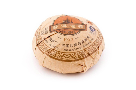 Pressed Rip Pu-erh Tea - Shu pu-erh 2009 "V93" brand "Dai" from the "Menghai" plant 100 g, 