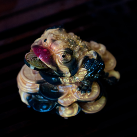 Чайная фигурка "Трёхлапая жаба богатства с красным носом на деньгах" меняющая цвет. Price: ₽1,930 rub.