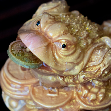 Чайная фигурка "Трёхлапая жаба богатства с красным носом на деньгах" меняющая цвет. Price: ₽1,930 rub.